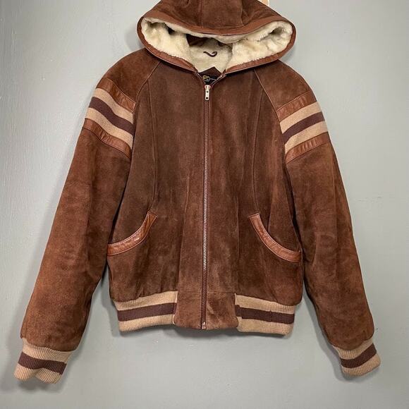 Vintage Brown Suede Leather Bomber Jacket Mens Size 42 Retro 70s 80s Coat Fur - Picture 1 of 14
